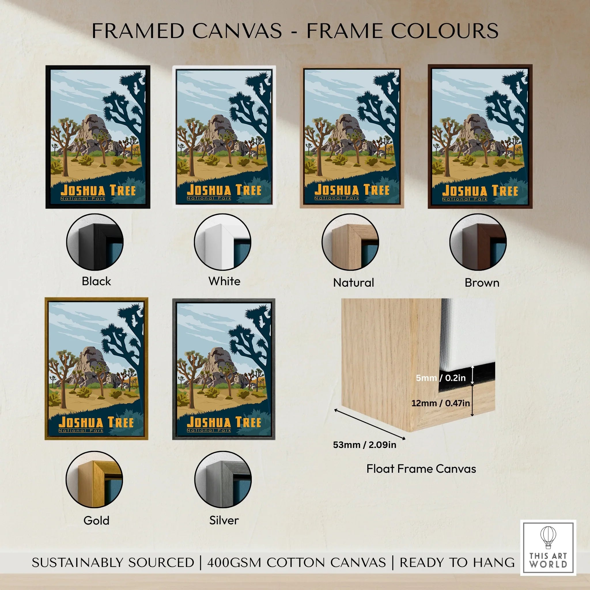 Joshua Tree National Park framed canvas print in six frame color options, float frame detail shown.