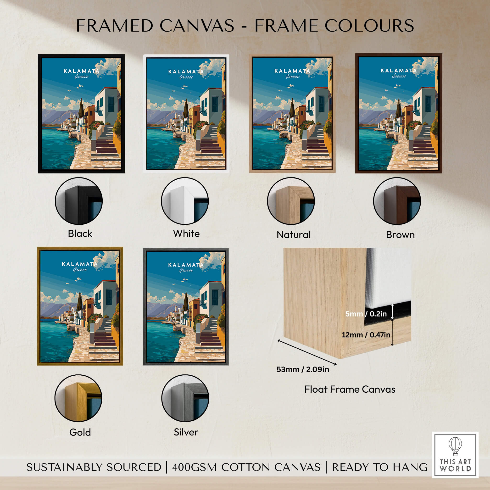 Kalamata Greece Wall Art Print | Mediterranean Seaside Town Travel Poster framed in multiple color options.