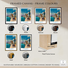Kalamata Greece Poster | Greek Coastal Canvas Print framed in various colors including black, white, natural, brown, gold, and silver.