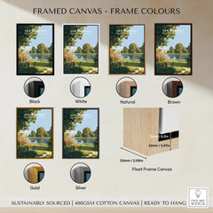 Kew Gardens art print shown in black, white, natural, brown, gold, and silver float frame canvas options.