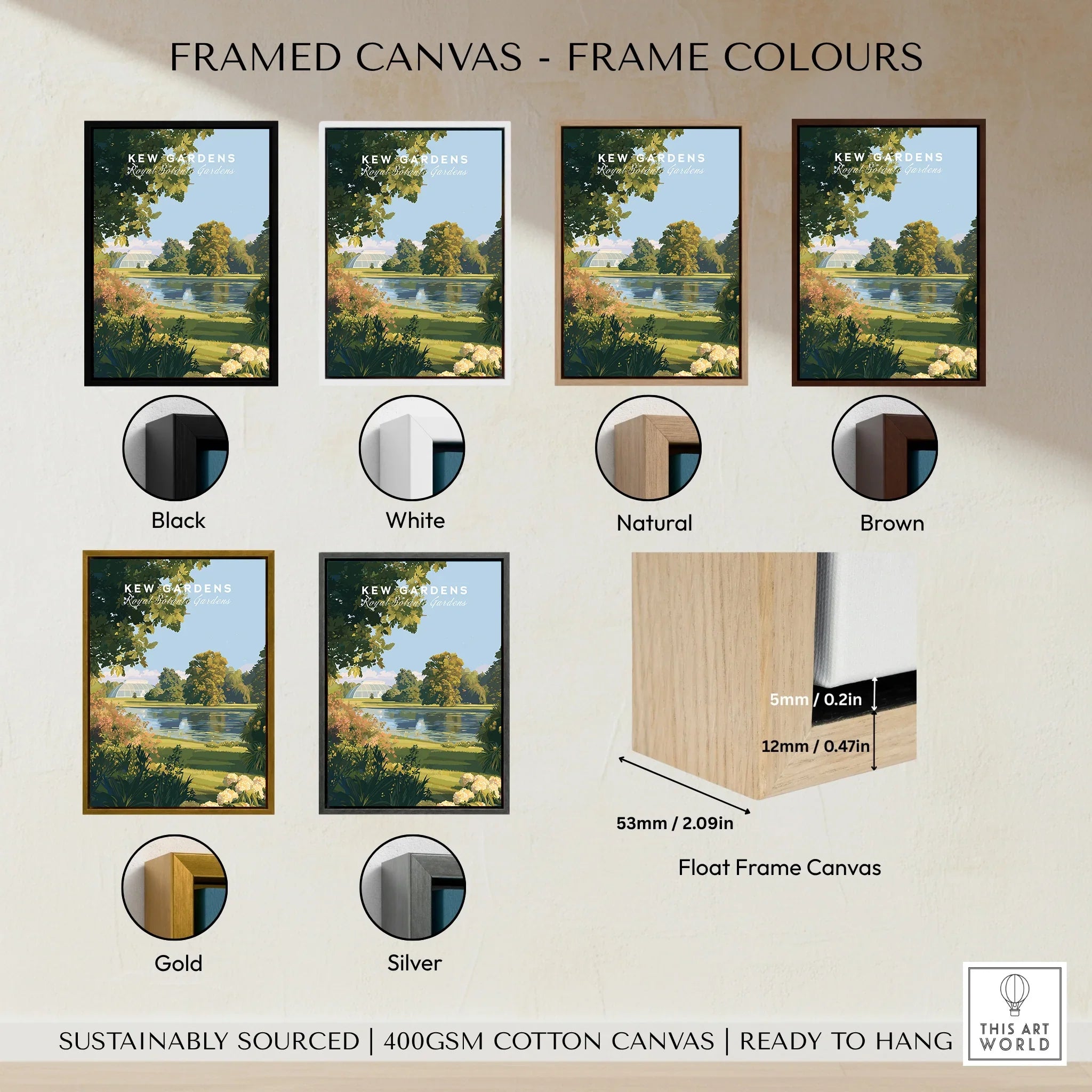 Kew Gardens art print shown in black, white, natural, brown, gold, and silver float frame canvas options.