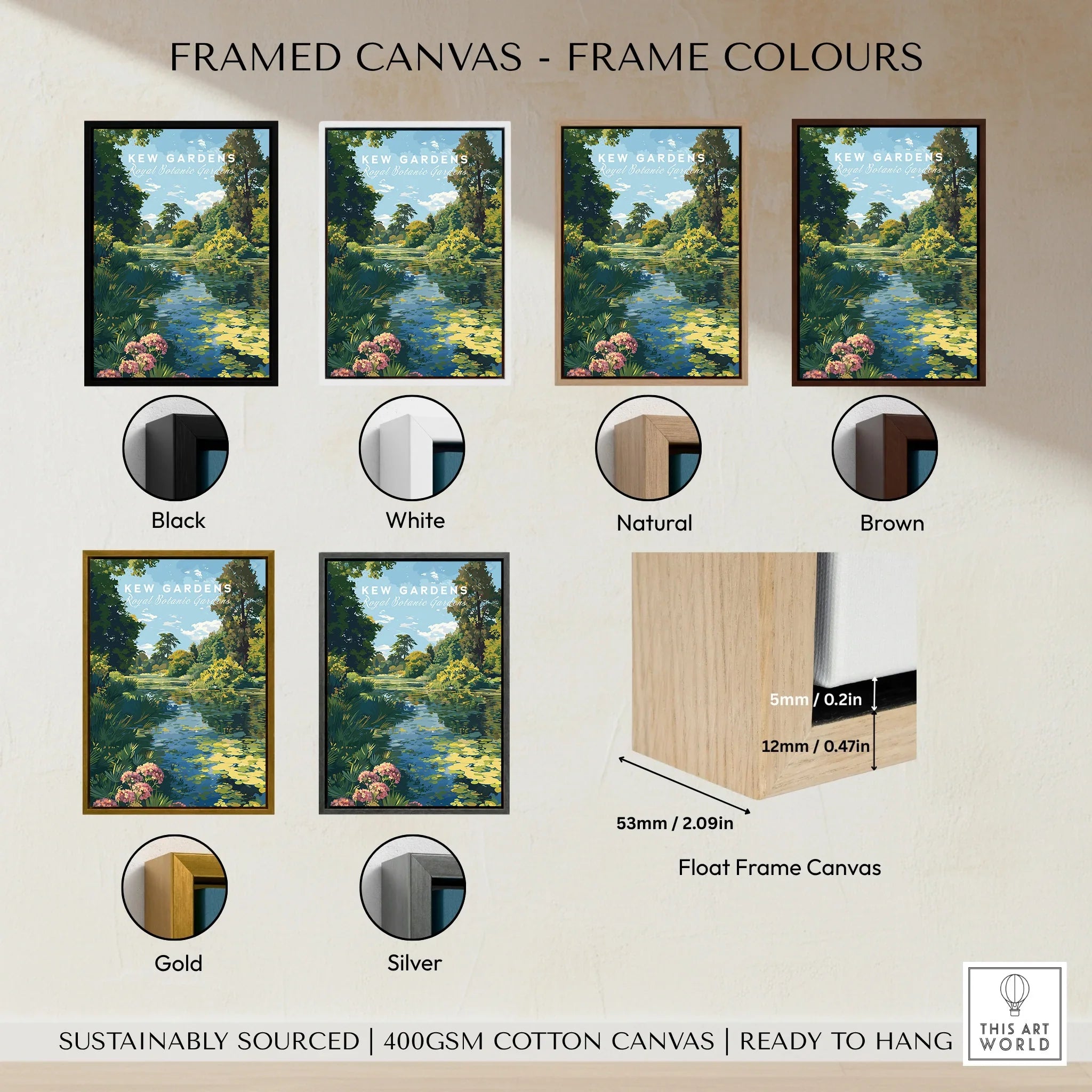 Kew Gardens framed canvas wall art with six frame color options: black, white, natural, brown, gold, and silver.