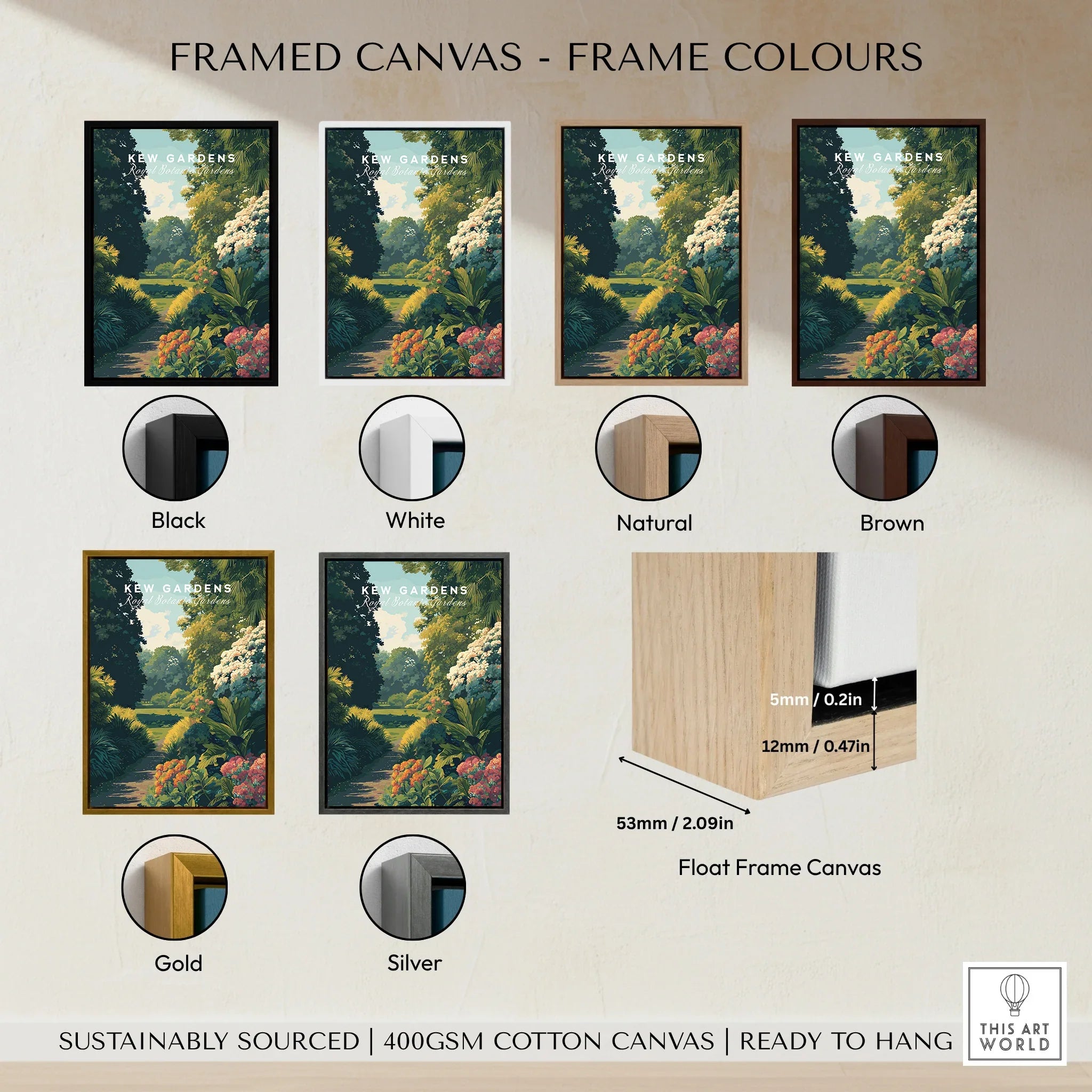 Framed Kew Gardens canvas wall art in black, white, natural, brown, gold, and silver frame colour options, with float frame detail.