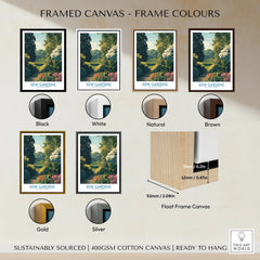 Framed Kew Gardens canvas print with black, white, natural, brown, gold, and silver frame options.