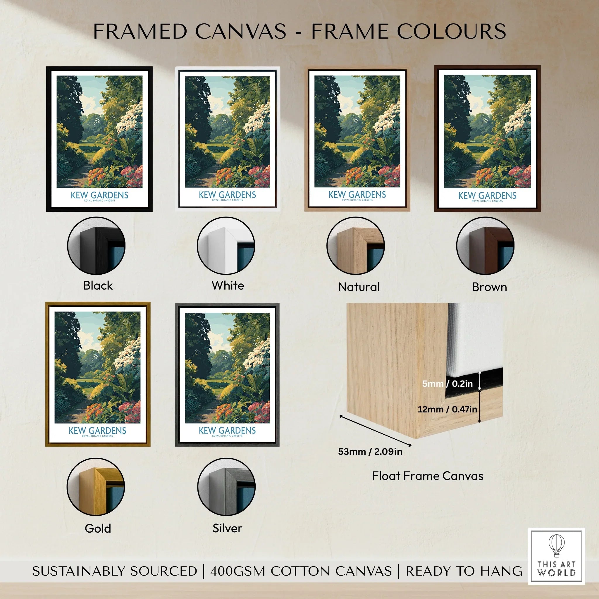 Framed Kew Gardens canvas print with black, white, natural, brown, gold, and silver frame options.