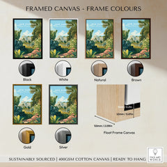 Framed canvas wall art showing Kew Gardens print with black, white, natural, brown, gold, and silver frame color options.