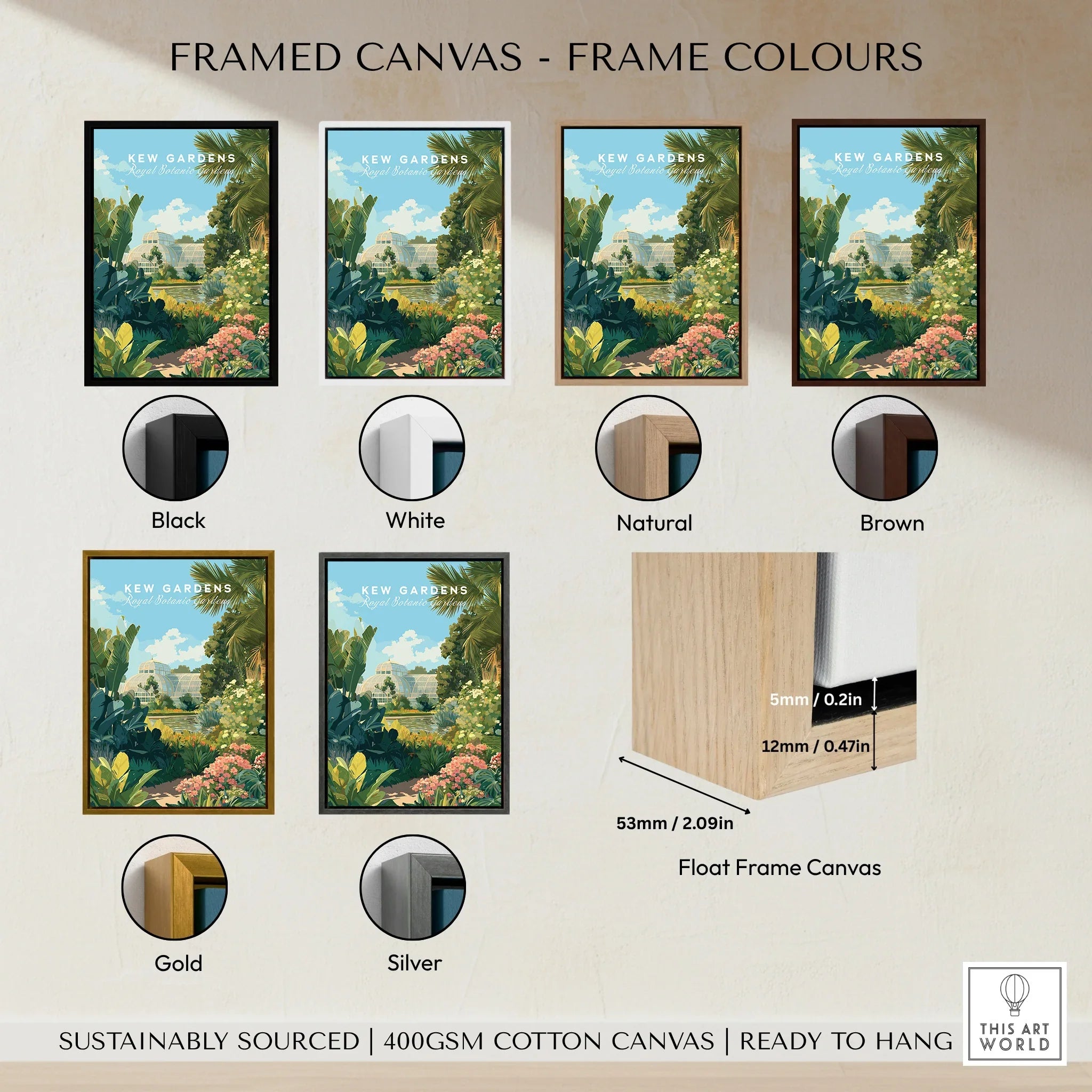 Framed canvas wall art showing Kew Gardens print with black, white, natural, brown, gold, and silver frame color options.