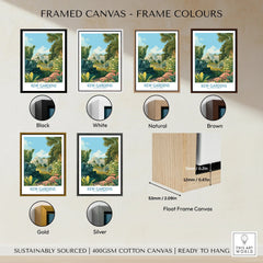 Kew Gardens travel poster art print shown in six frame color options on canvas.