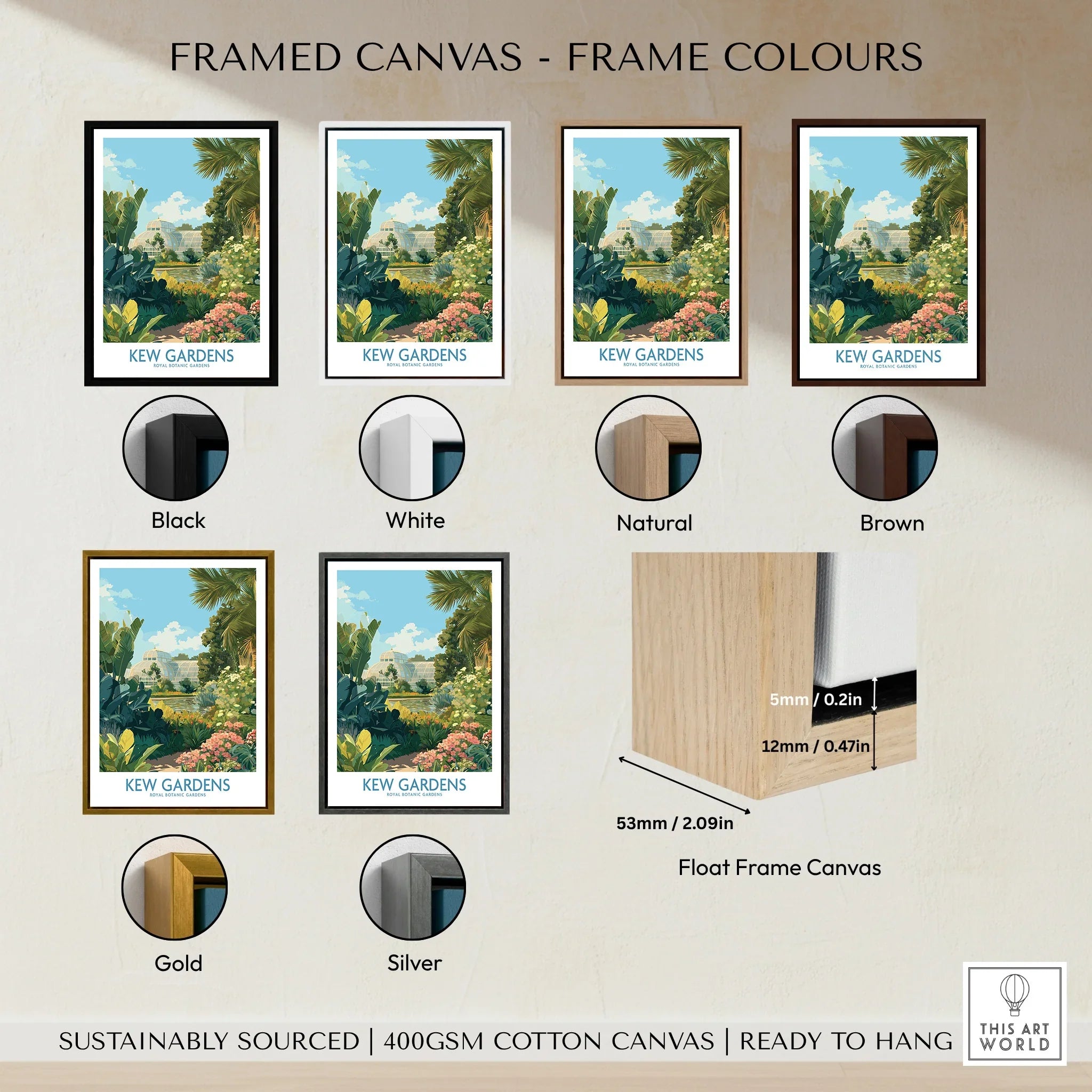 Kew Gardens travel poster art print shown in six frame color options on canvas.
