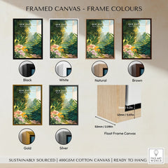 Framed Kew Gardens travel poster on canvas shown in six frame color options: black, white, natural, brown, gold, and silver.