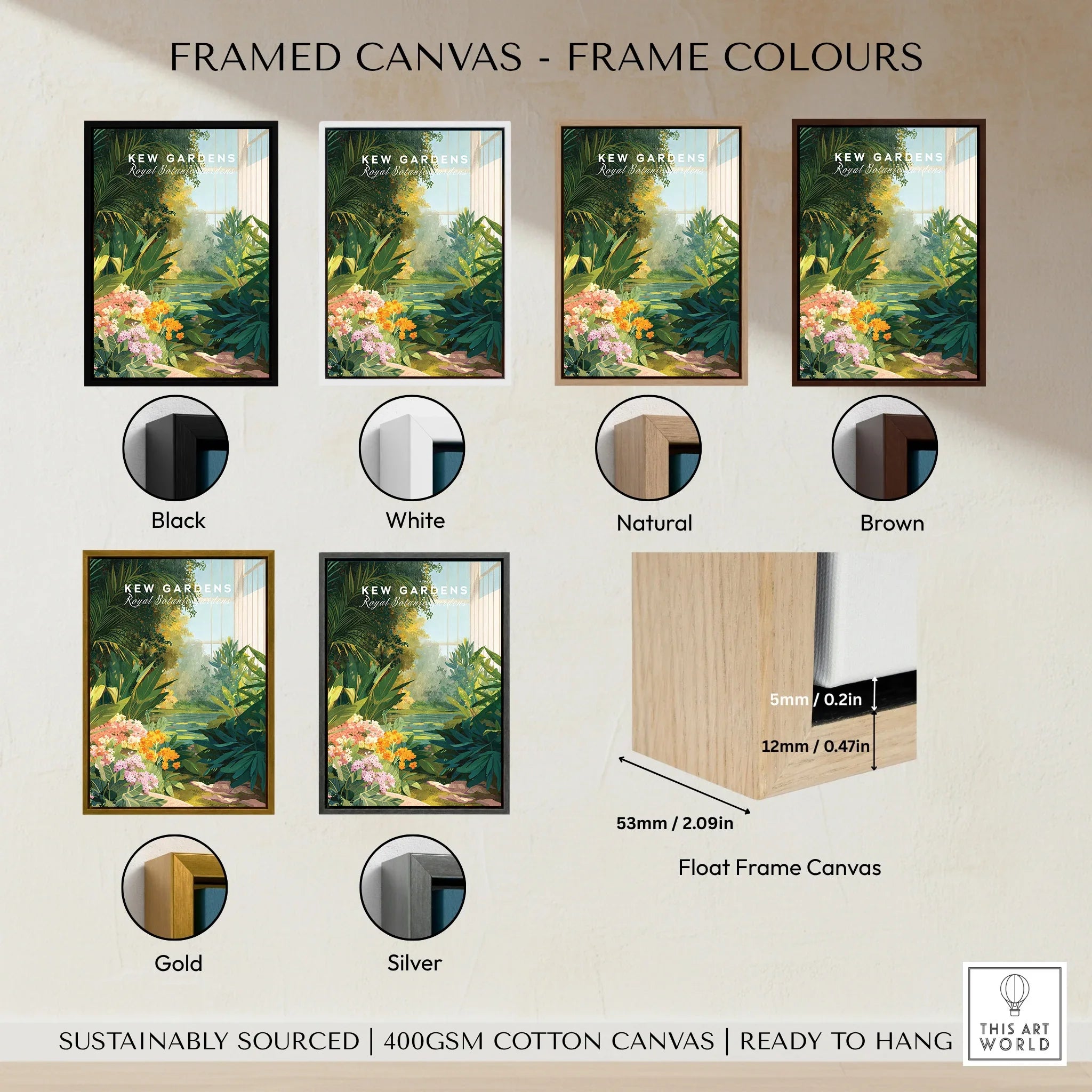 Framed Kew Gardens travel poster on canvas shown in six frame color options: black, white, natural, brown, gold, and silver.