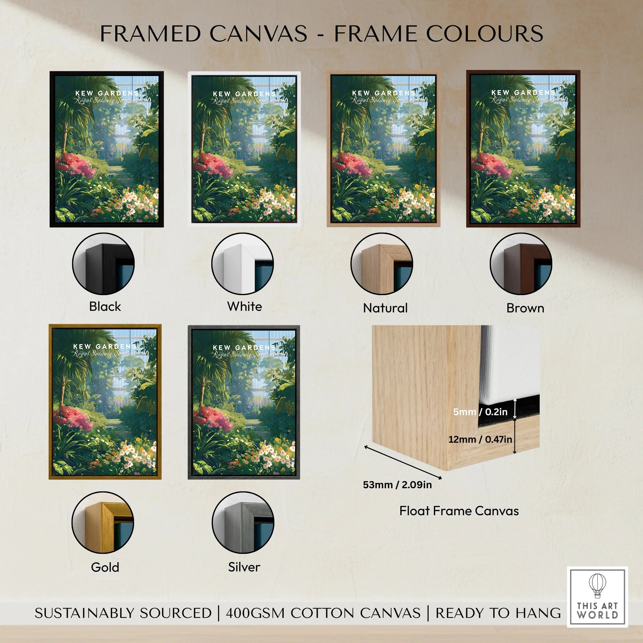 Framed canvas wall art with Kew Gardens botanical print showing six frame color options: black, white, natural, brown, gold, silver.