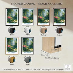 Kew Gardens travel poster with six frame color options for framed canvas wall art