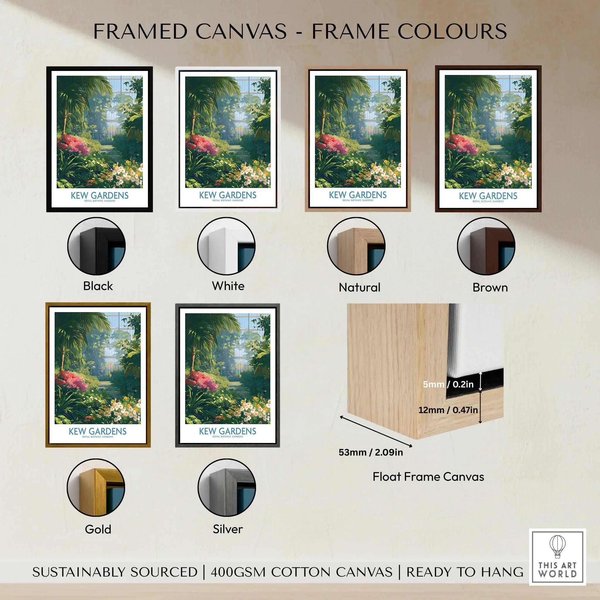 Kew Gardens travel poster with six frame color options for framed canvas wall art