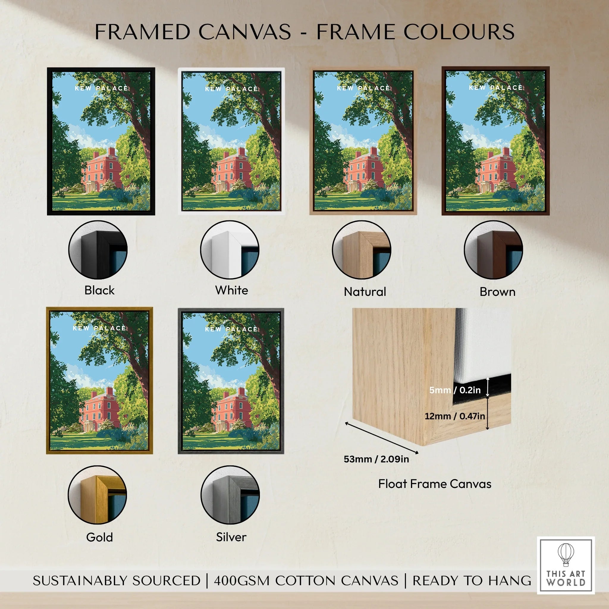 Framed Kew Palace canvas wall art showing frame color options: black, white, natural, brown, gold, silver.