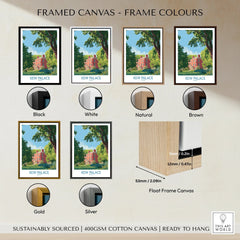 Kew Palace travel poster framed canvas in six frame color options: black, white, natural, brown, gold, silver.