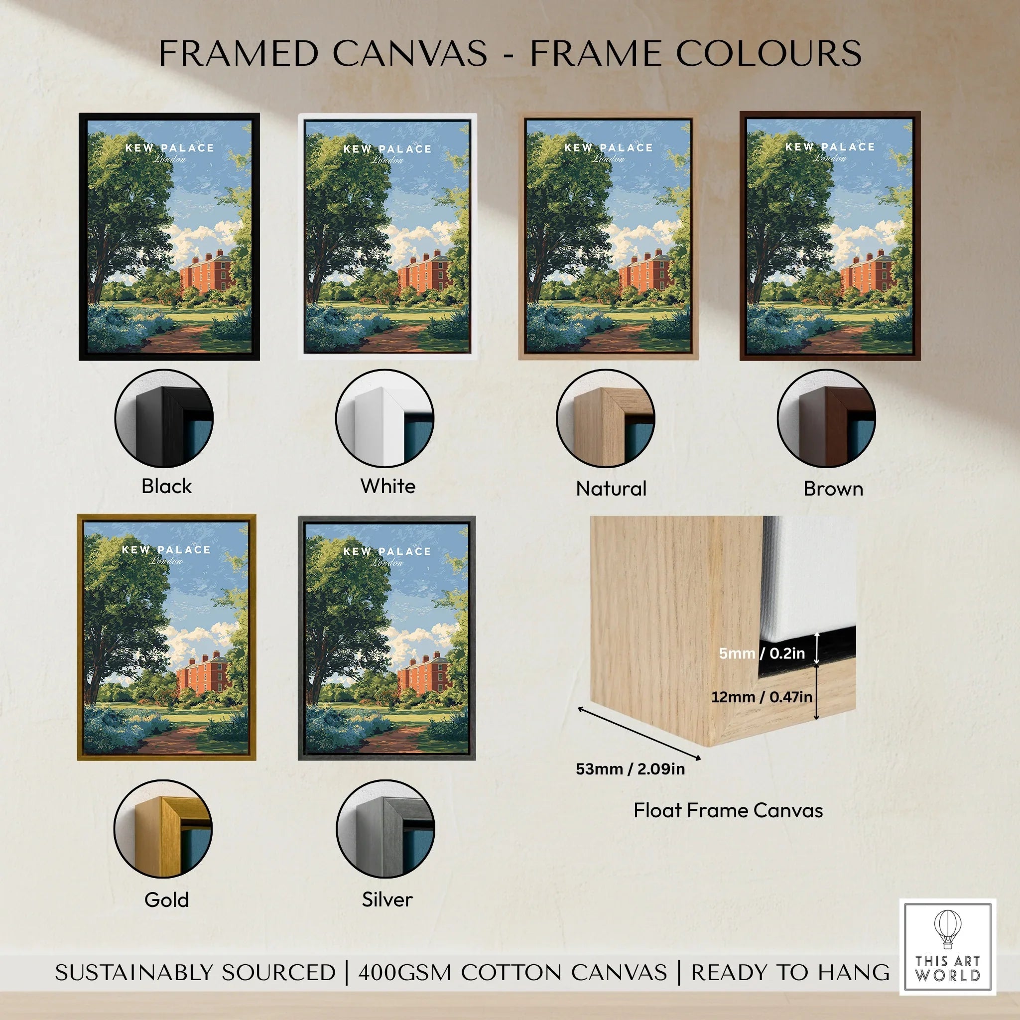 Kew Palace art print on canvas in six frame colors: black, white, natural, brown, gold, silver.