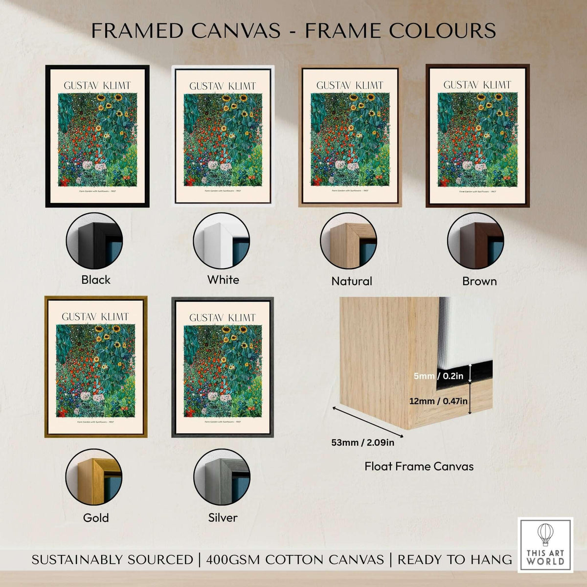 Framed canvas options for Gustav Klimt Art Print - Farm Garden with Sunflowers 1907 - Art Nouveau Landscape Poster Wall Decor.