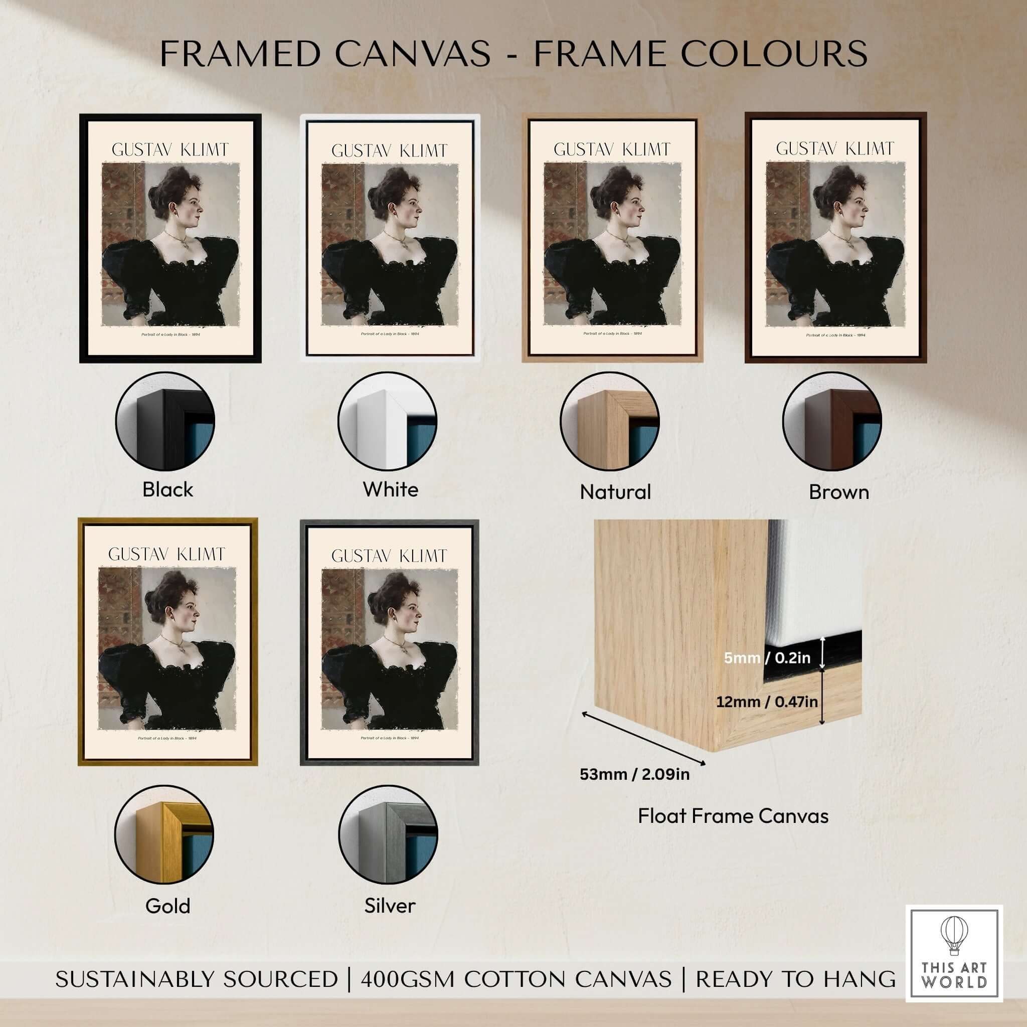 Gustav Klimt Art Print - Portrait of a Lady in Black 1894 framed canvas color options including black and white.