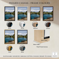 Framed Komodo Island travel poster print with black, white, natural, brown, gold, and silver frame options on wall.