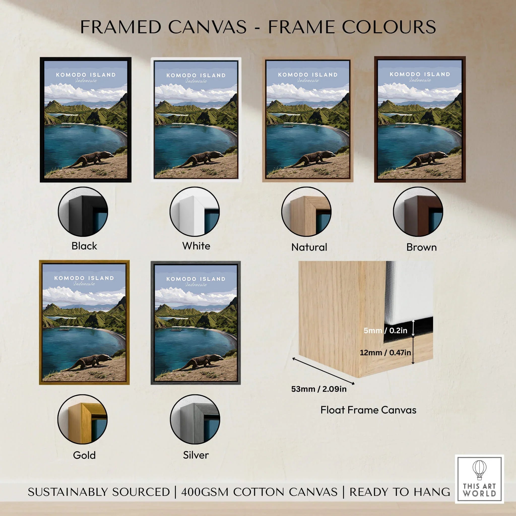 Framed Komodo Island travel poster print with black, white, natural, brown, gold, and silver frame options on wall.