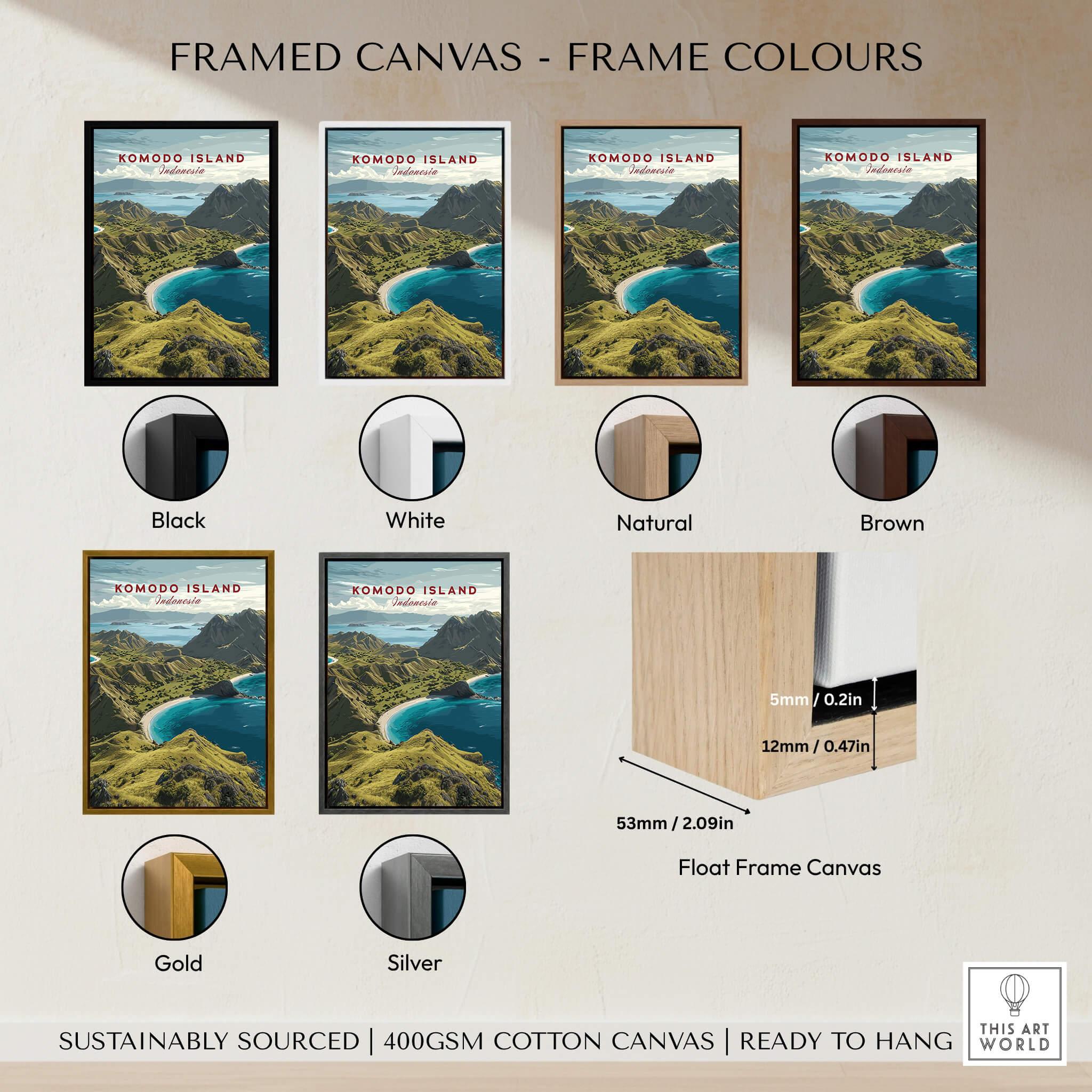 Komodo Island wall art travel poster shown in black, white, natural, brown, gold, and silver float frame options.