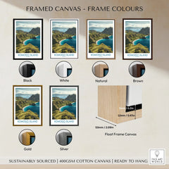 Komodo Island travel poster wall art shown with six frame color options: black, white, natural, brown, gold, silver, and float frame canvas dimensions.
