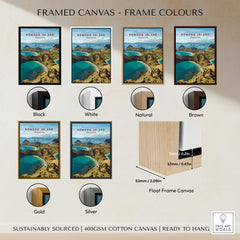 Komodo Island travel poster wall art with six frame color options: black, white, natural, brown, gold, and silver, shown on canvas.