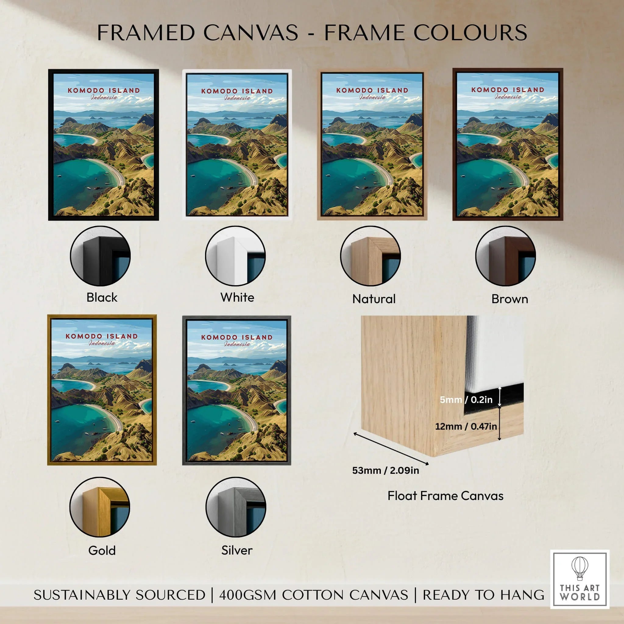 Komodo Island travel poster wall art with six frame color options: black, white, natural, brown, gold, and silver, shown on canvas.