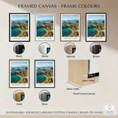 Framed Komodo Island travel poster wall art showing six frame color options on canvas.