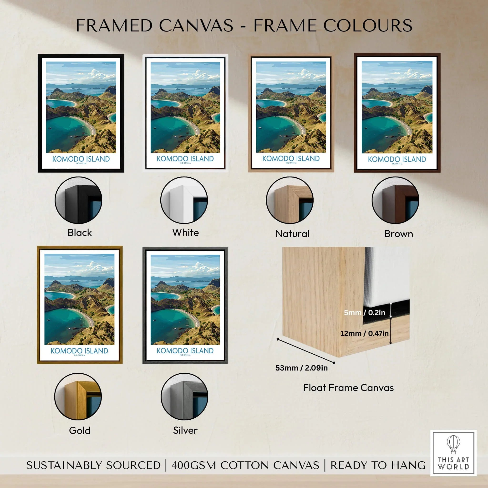 Framed Komodo Island travel poster wall art showing six frame color options on canvas.