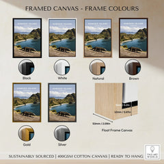 Komodo Island travel poster in framed canvas with six frame color options: black, white, natural, brown, gold, silver.