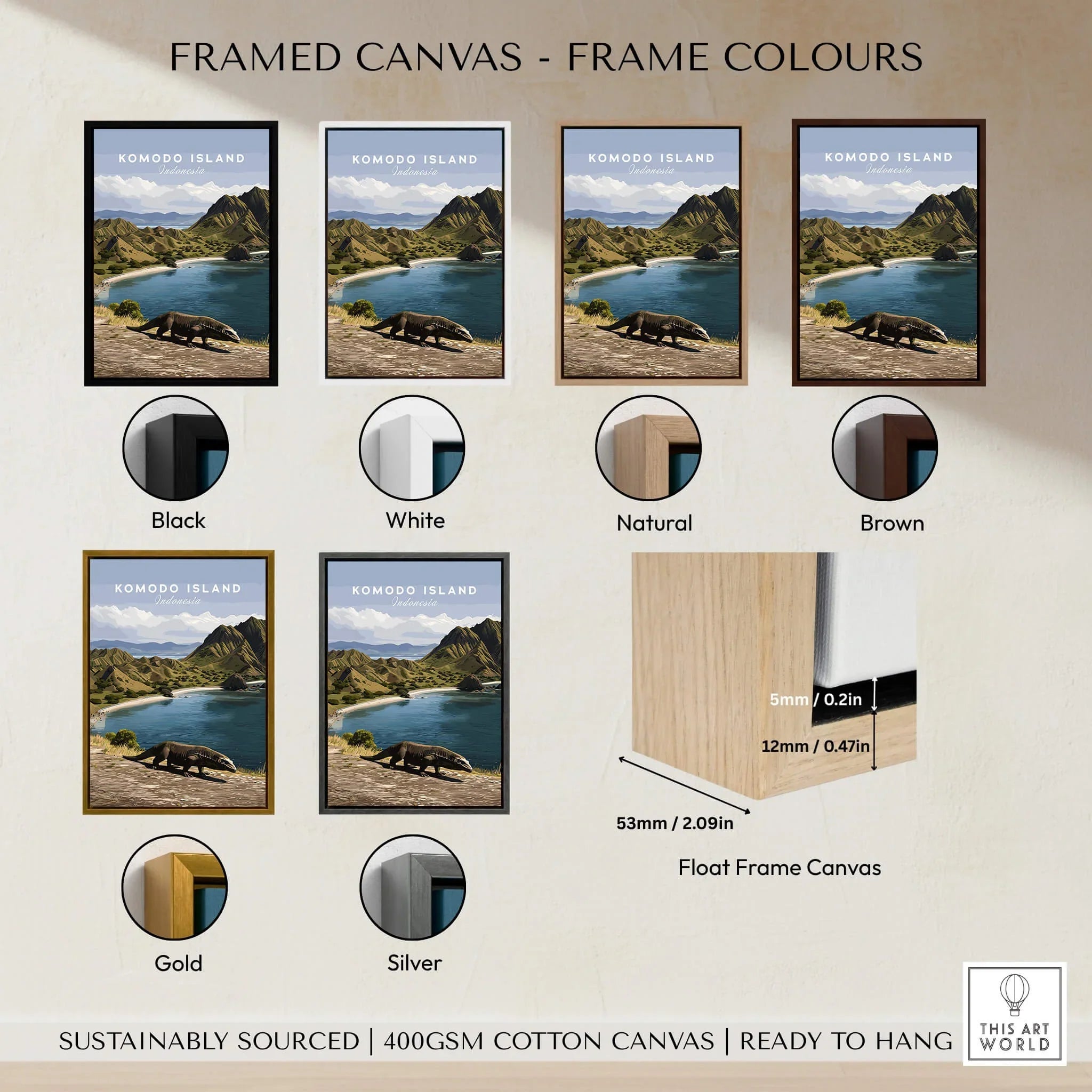 Komodo Island travel poster in framed canvas with six frame color options: black, white, natural, brown, gold, silver.