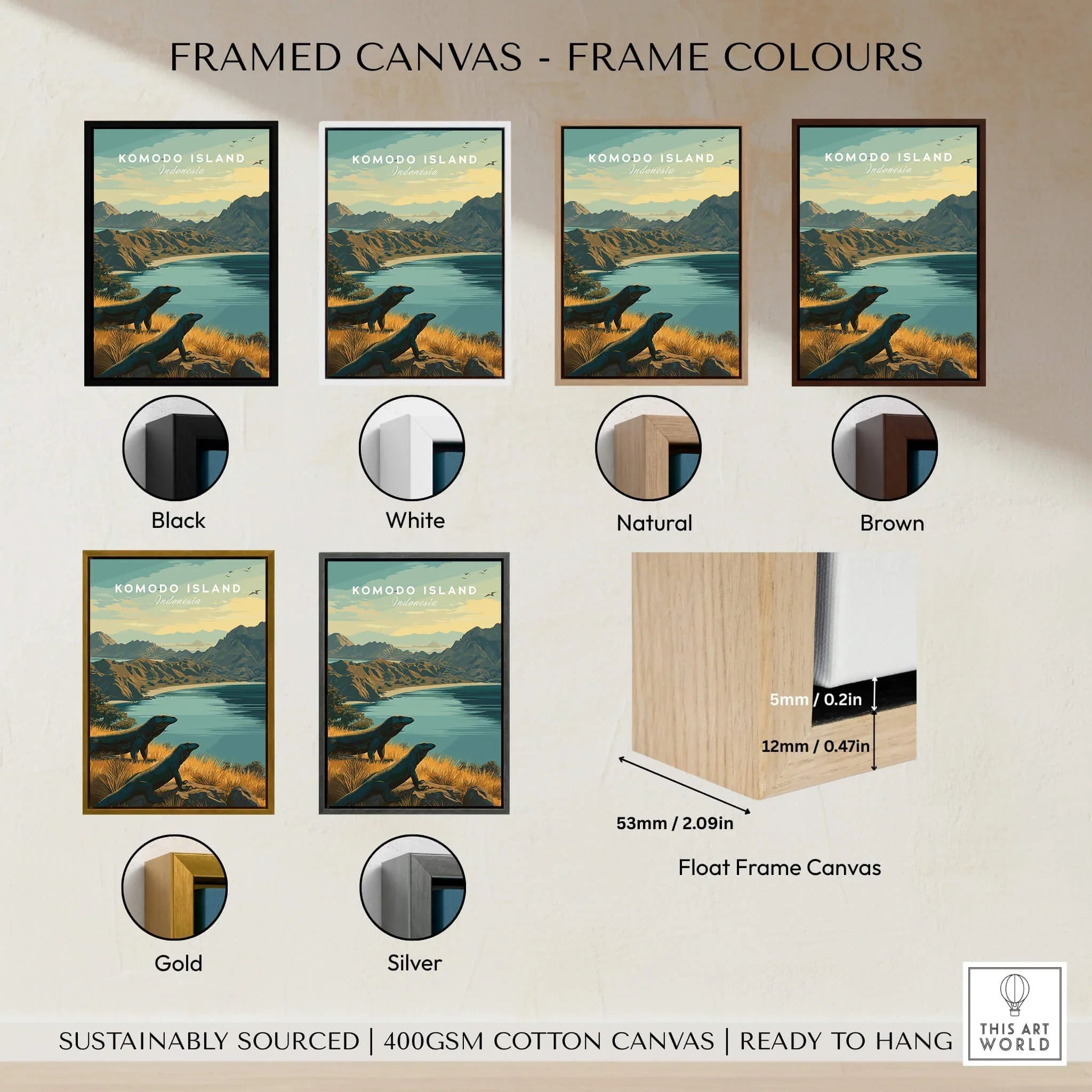 Komodo Island travel poster wall art with six frame color options and canvas float frame detail.