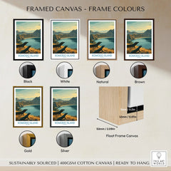 Framed Komodo Island travel poster on wall, showing six frame color options: black, white, natural, brown, gold, and silver, along with a float frame canvas detail.