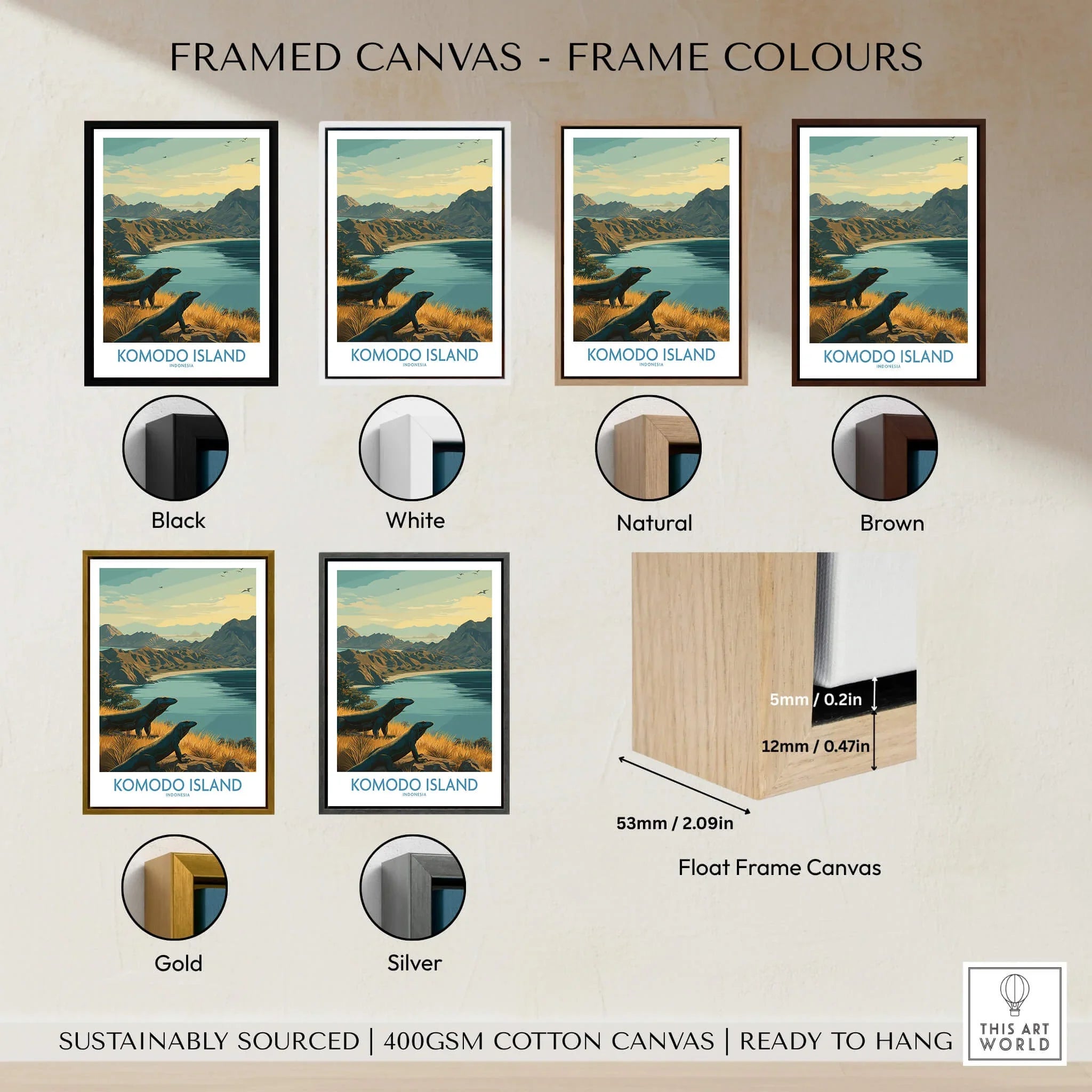 Framed Komodo Island travel poster on wall, showing six frame color options: black, white, natural, brown, gold, and silver, along with a float frame canvas detail.