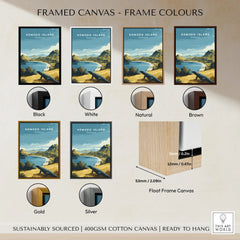 Komodo Island travel poster framed wall art in black, white, natural, brown, gold, silver frames.