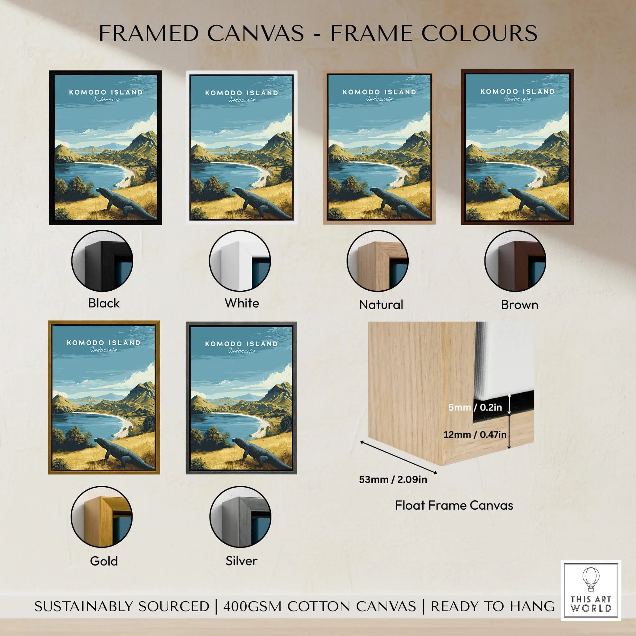 Komodo Island travel poster framed wall art in black, white, natural, brown, gold, silver frames.