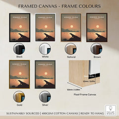 Framed canvas wall art of Komodo Island sunset with six frame color options and float frame detail.