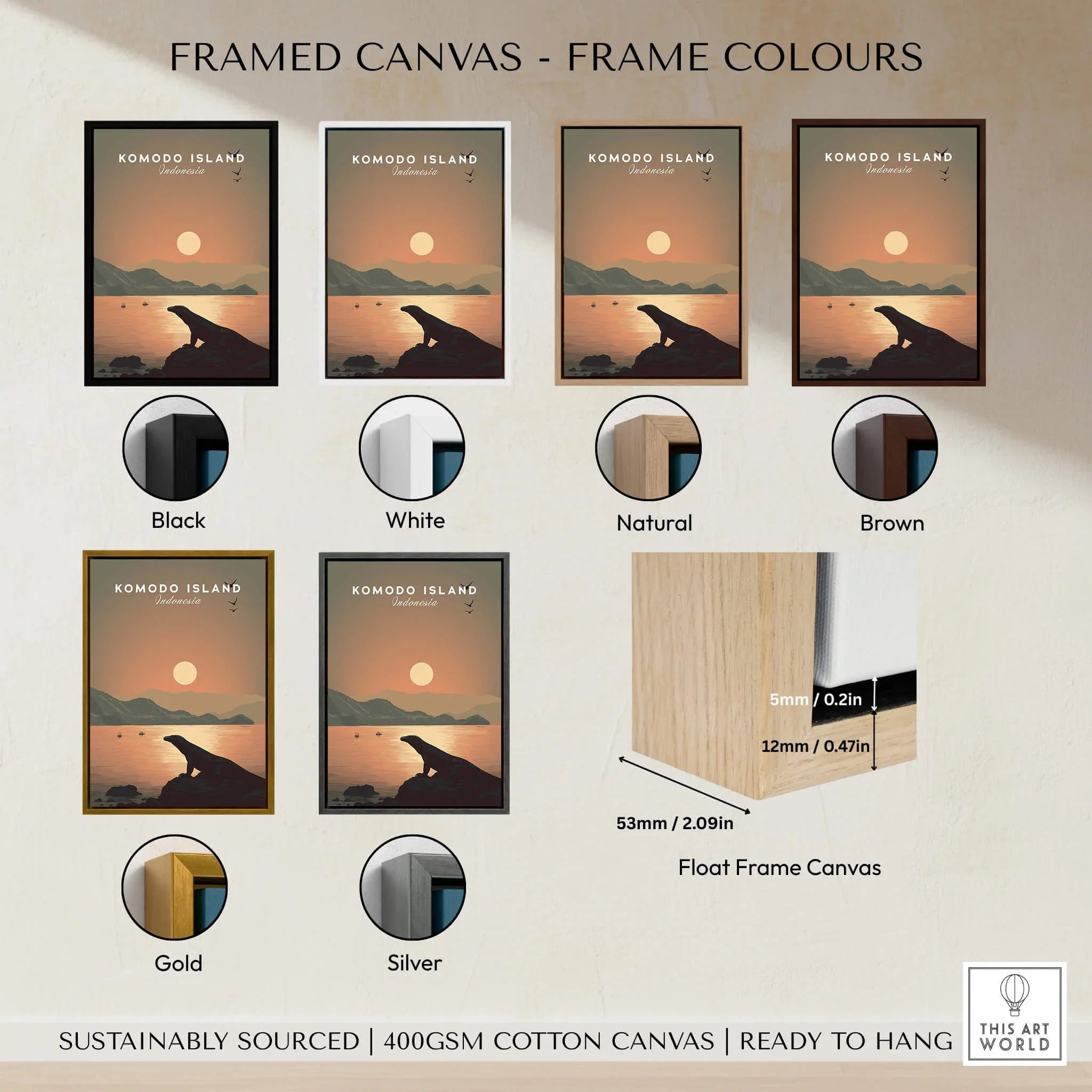 Framed canvas wall art of Komodo Island sunset with six frame color options and float frame detail.