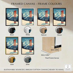 Kronplatz ski poster wall art in various frame color options including black, white, natural, brown, gold, and silver, shown on canvas with mountain landscape and skis.
