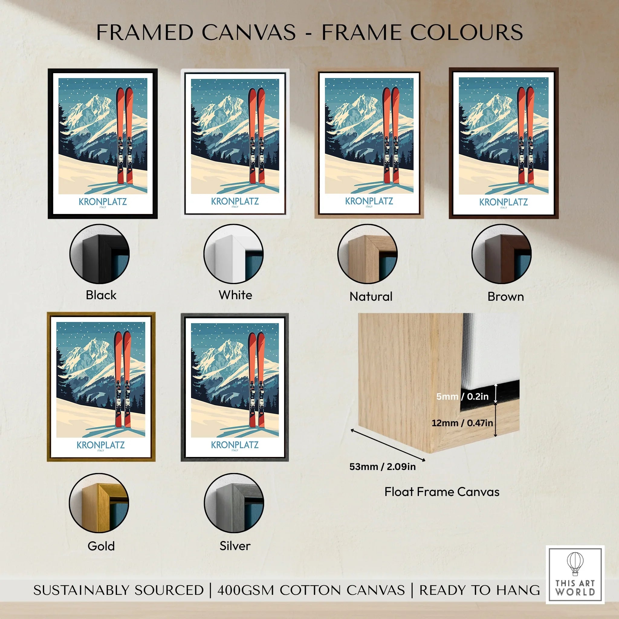 Kronplatz ski mountain travel poster in various framed canvas color options including black, white, natural, brown, gold, and silver with float frame dimensions displayed.