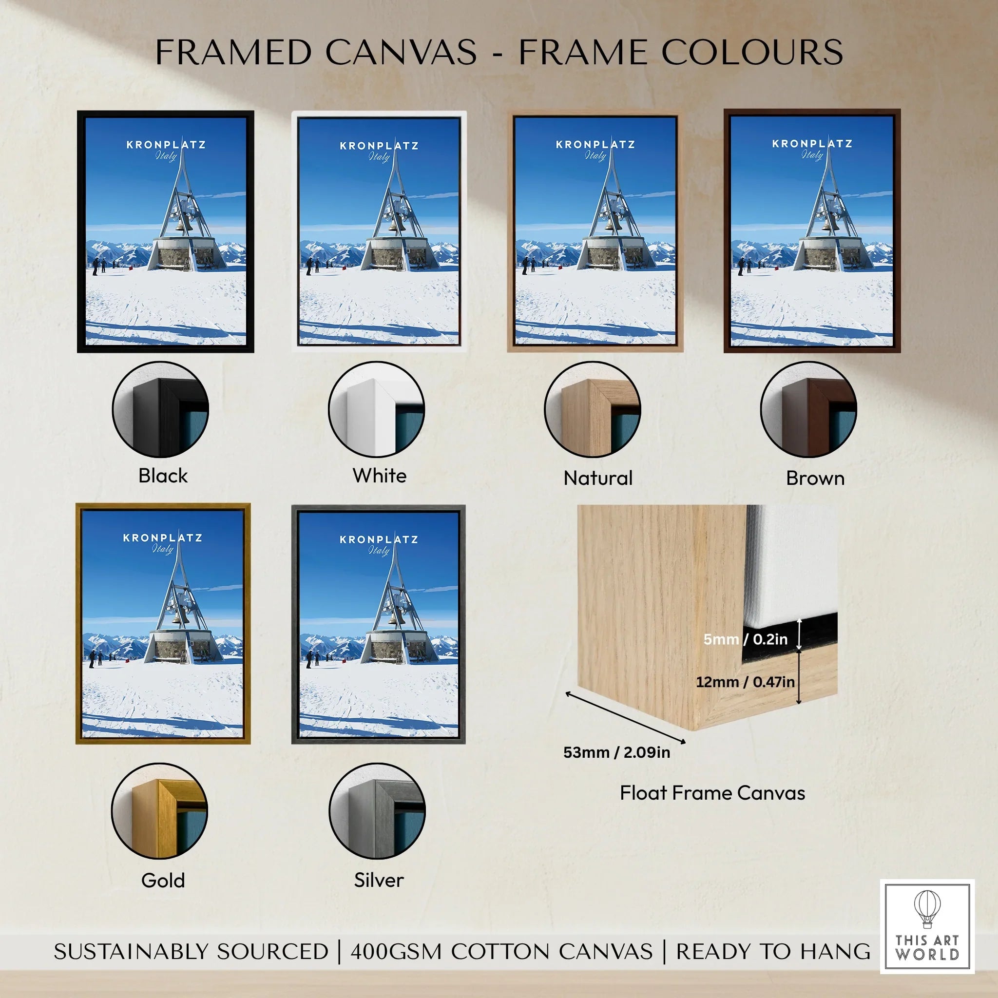 Kronplatz Italy travel wall art framed canvas showing black, white, natural, brown, gold, silver frame color options.