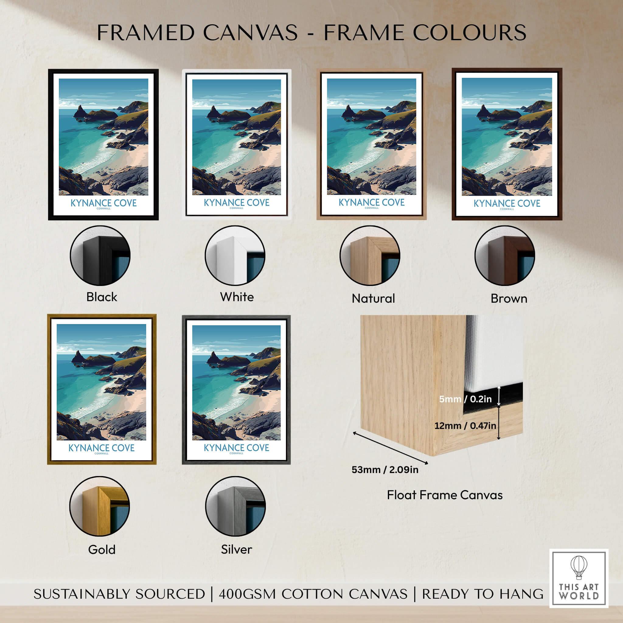 Kynance Cove Cornwall Poster | Scenic Sea Cliffs & Beach Canvas Print options with various frame colors.