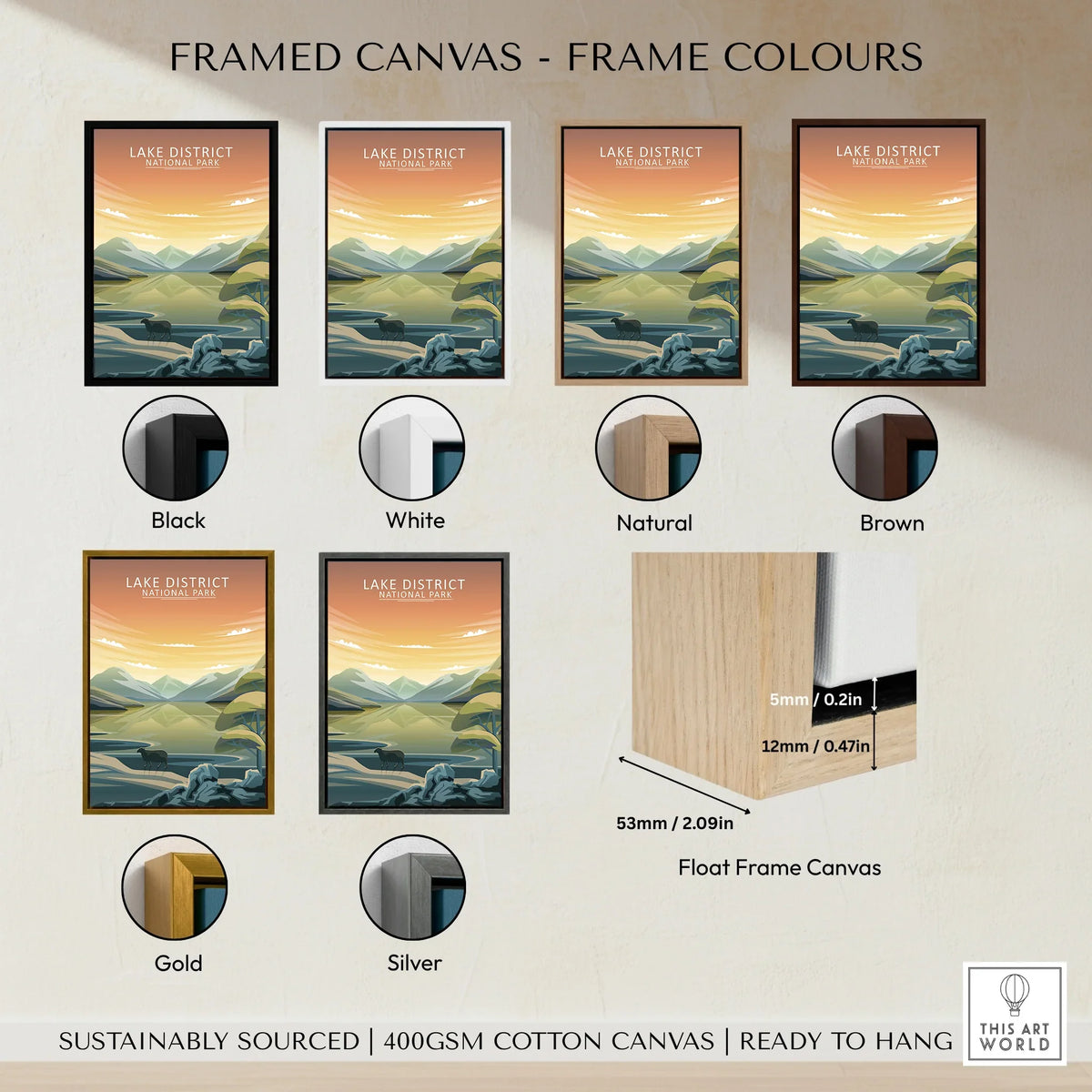 Lake District National Park art print with six frame color options: black, white, natural, brown, gold, silver, shown on cotton canvas.
