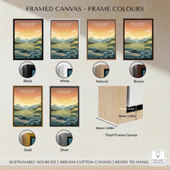 Lake District National Park art print with six frame color options: black, white, natural, brown, gold, silver, shown on cotton canvas.