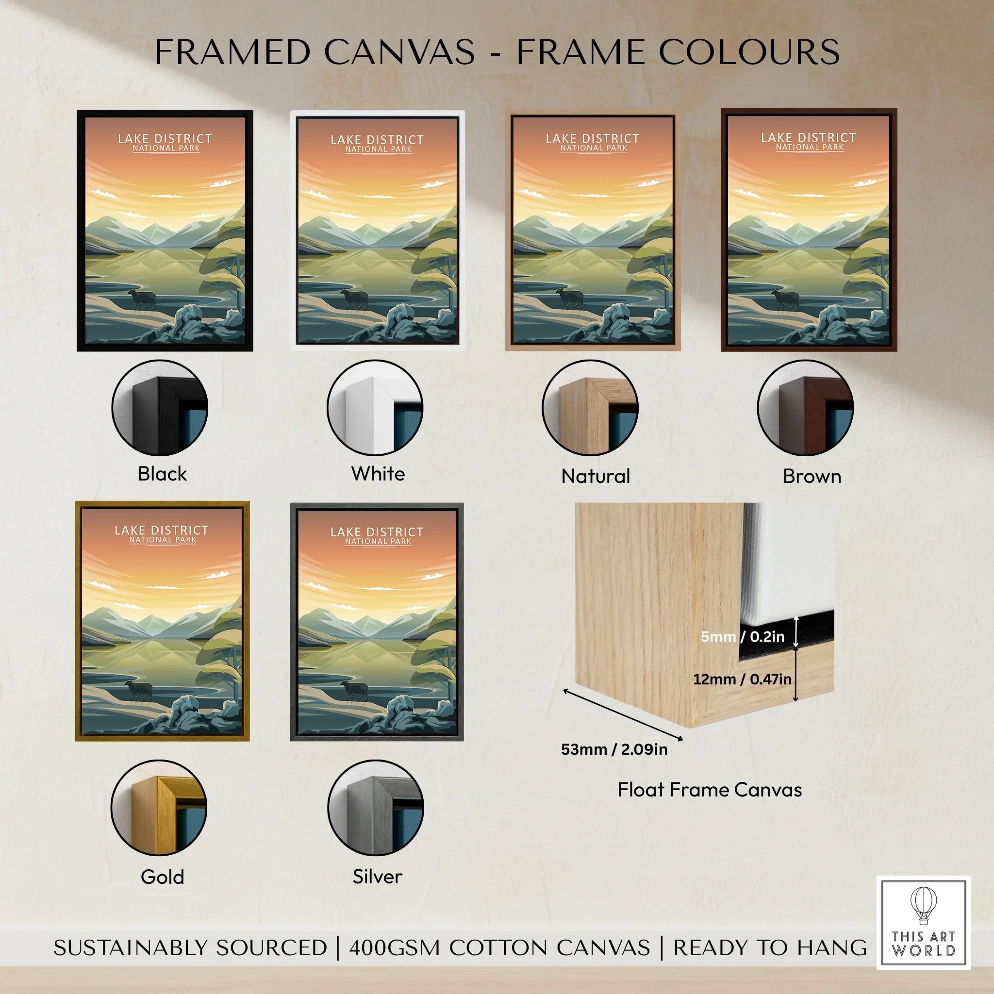 Lake District National Park art print with six frame color options: black, white, natural, brown, gold, silver, shown on cotton canvas.