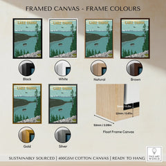 Lake Tahoe travel poster framed canvas wall art with six frame color options, including black, white, natural, brown, gold, and silver, plus a float frame detail.