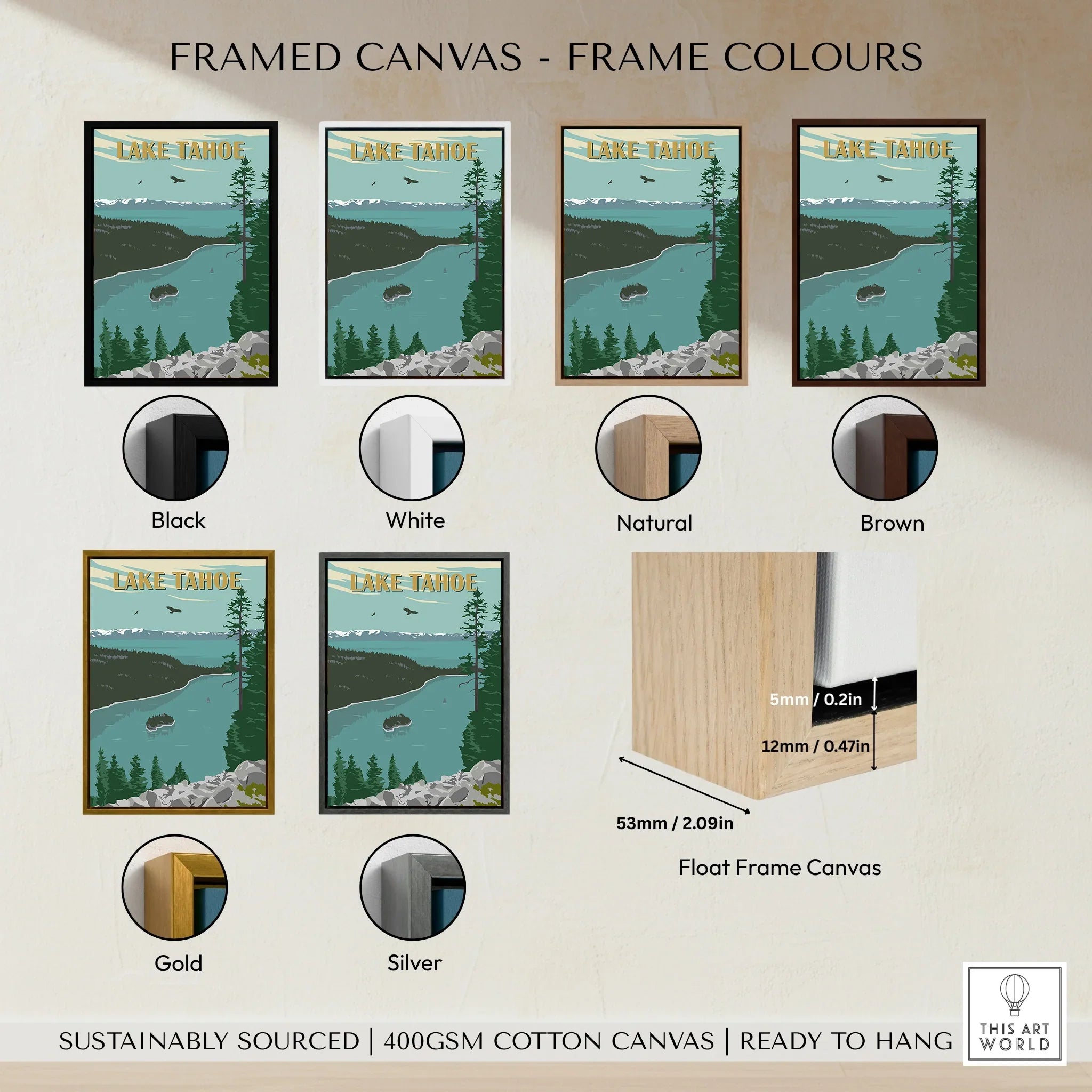 Lake Tahoe travel poster framed canvas wall art with six frame color options, including black, white, natural, brown, gold, and silver, plus a float frame detail.