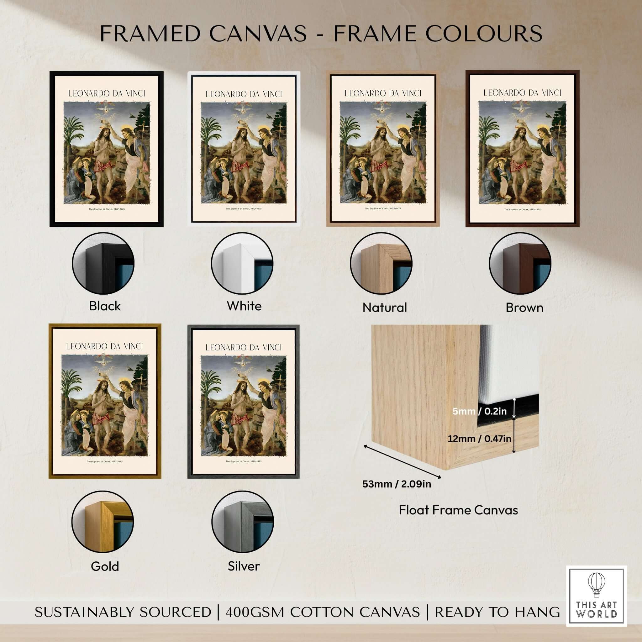 Framed canvas color options for Leonardo da Vinci Art Print The Baptism of Christ 1470s including Black, White, Natural, Brown, Gold, Silver.